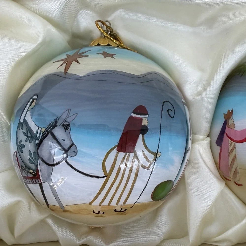 Three Hand‎ Painted Pier One Li Bien 2018 Christmas Ornaments w/ 3 Position Box